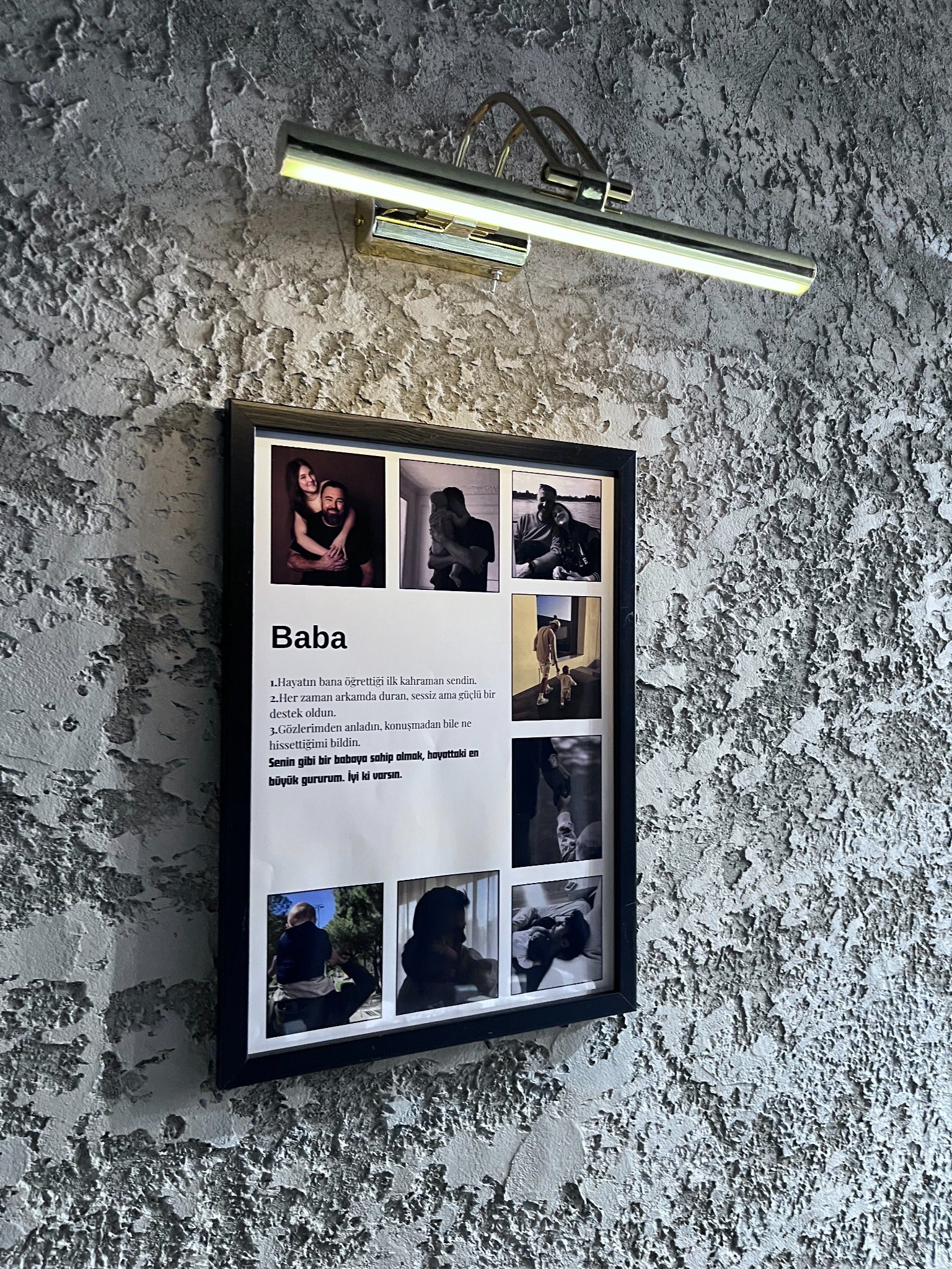 Babaya özel fotoğraflı anı kolaj tablosu duvar görünümü