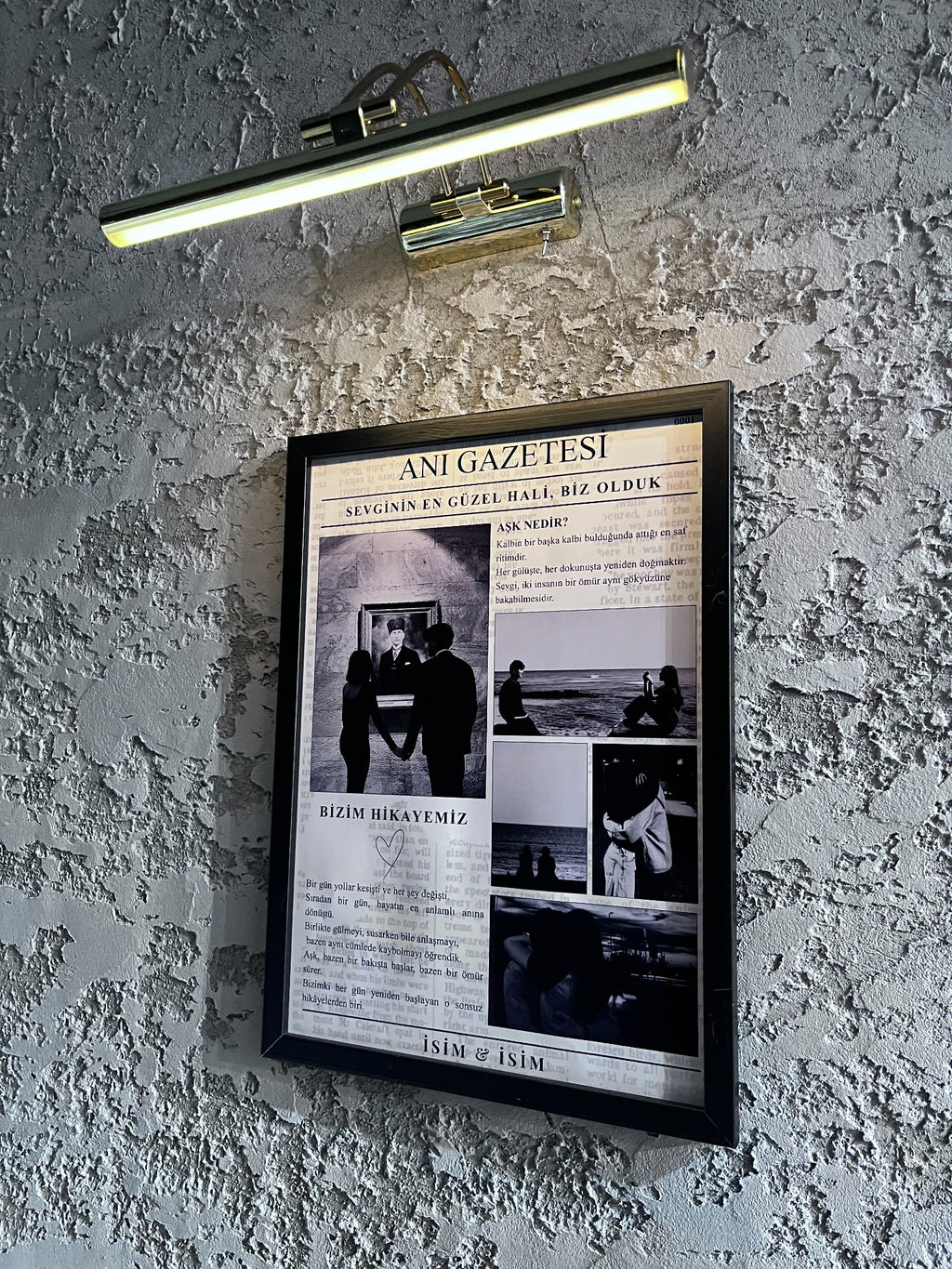 Sevgiliye özel fotoğraflı anı gazetesi tablosu siyah çerçeve