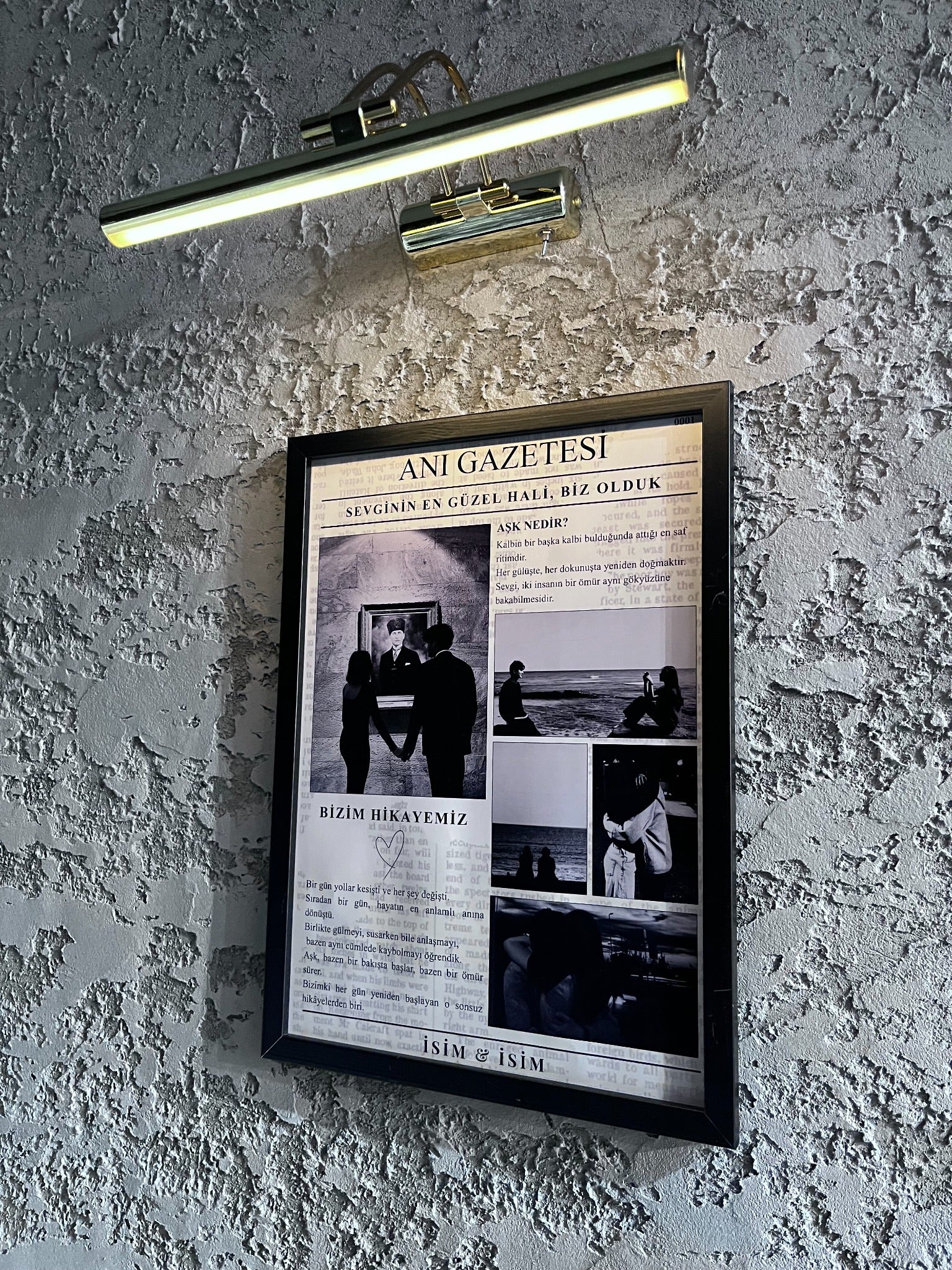 Sevgiliye özel fotoğraflı anı gazetesi tablosu siyah çerçeve