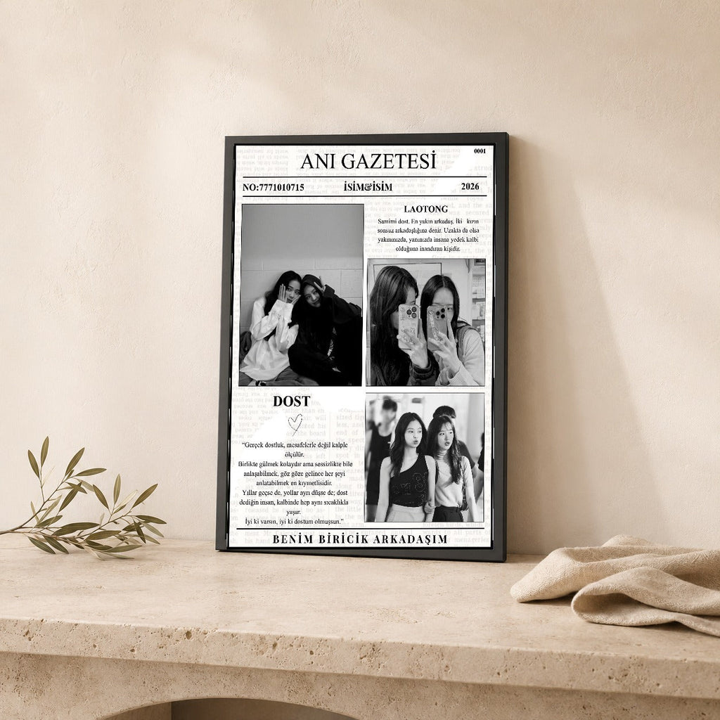 Arkadaşa özel anı gazetesi tablosu dekoratif duvar mockup görünümü 5