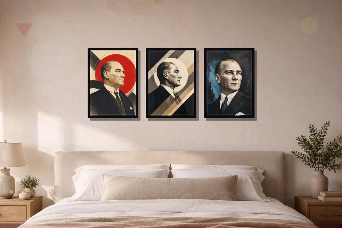 Kızıl Ufuk & Cumhuriyet Profili – 3'lü Atatürk Tablo Seti çerçeveli tablo mockup 3