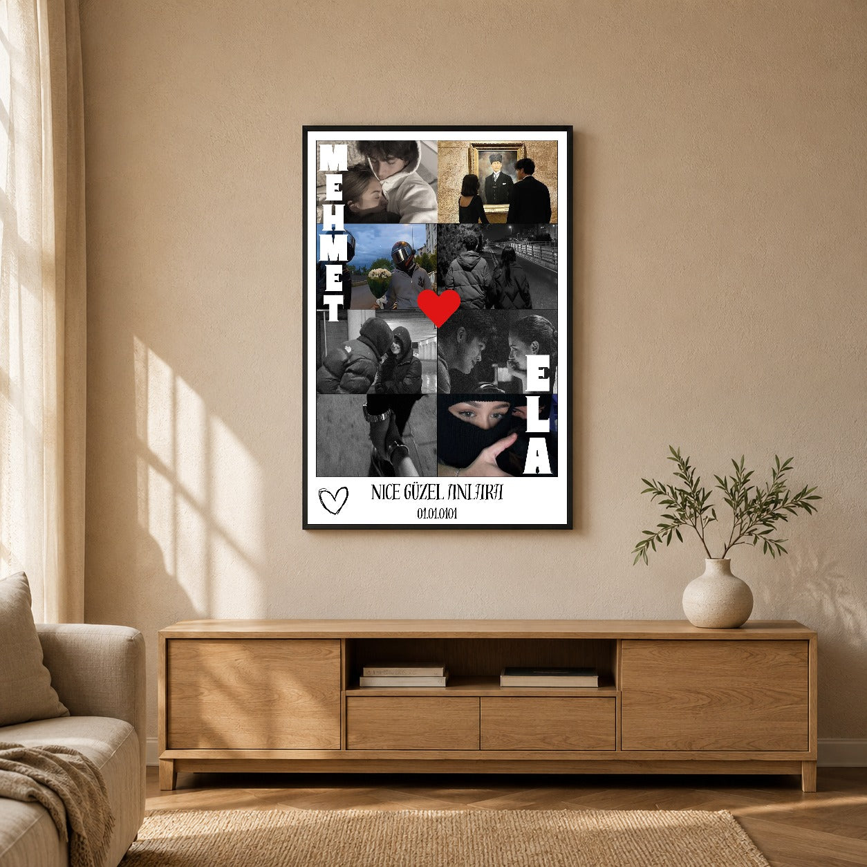 Kişiye özel isimli fotoğraf kolaj tablosu dekoratif duvar mockup görünümü 3