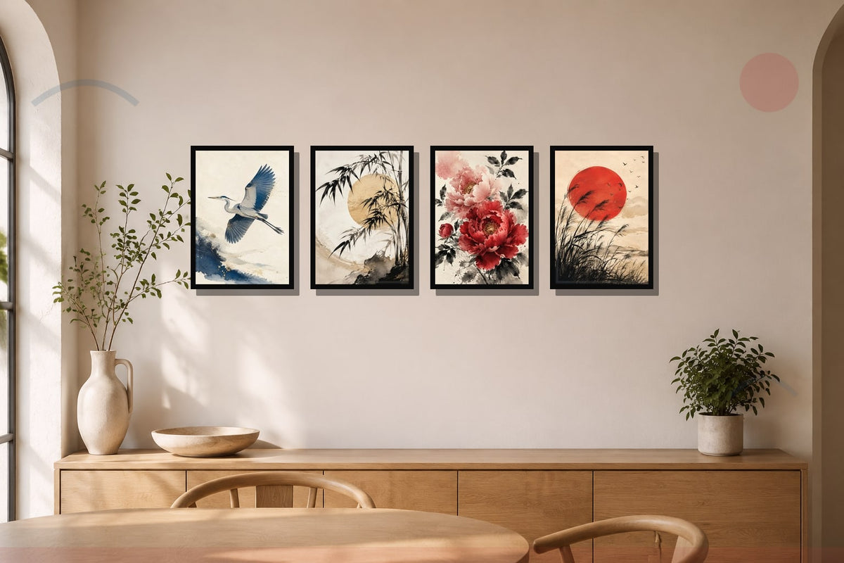 Mavi Balıkçıl & Bambu Rüzgârı – 4'lü Japon Sanatı Tablo Seti çerçeveli tablo mockup 4