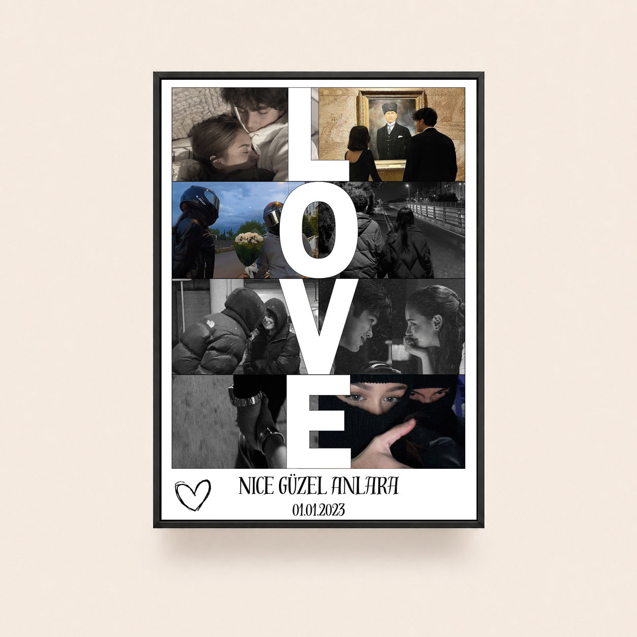 Kişiye Özel LOVE Fotoğraf Kolaj Tablosu havada asılı siyah çerçeveli ürün görünümü