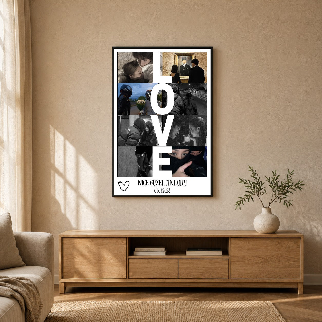 Kişiye özel LOVE fotoğraf kolaj tablosu dekoratif duvar mockup görünümü 3
