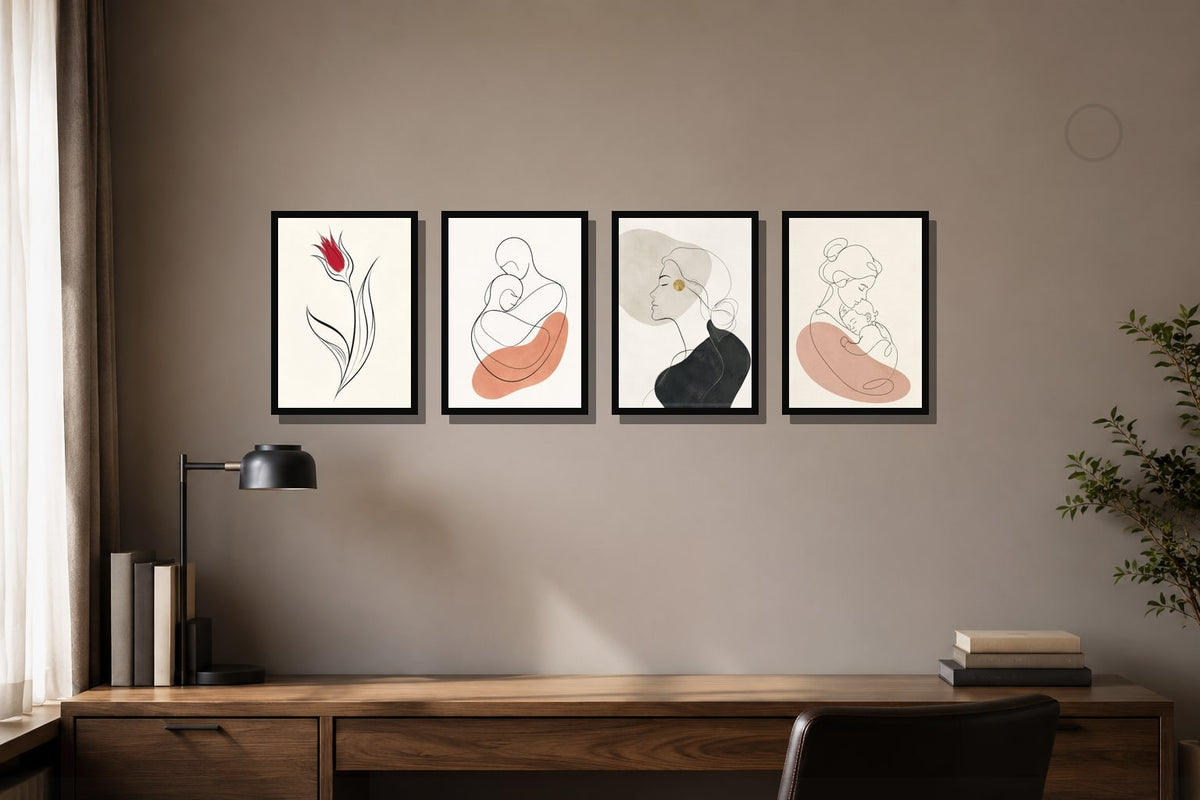 Tek Lale & Sarılma – 4'lü Minimalist Tablo Seti çerçeveli tablo mockup 2