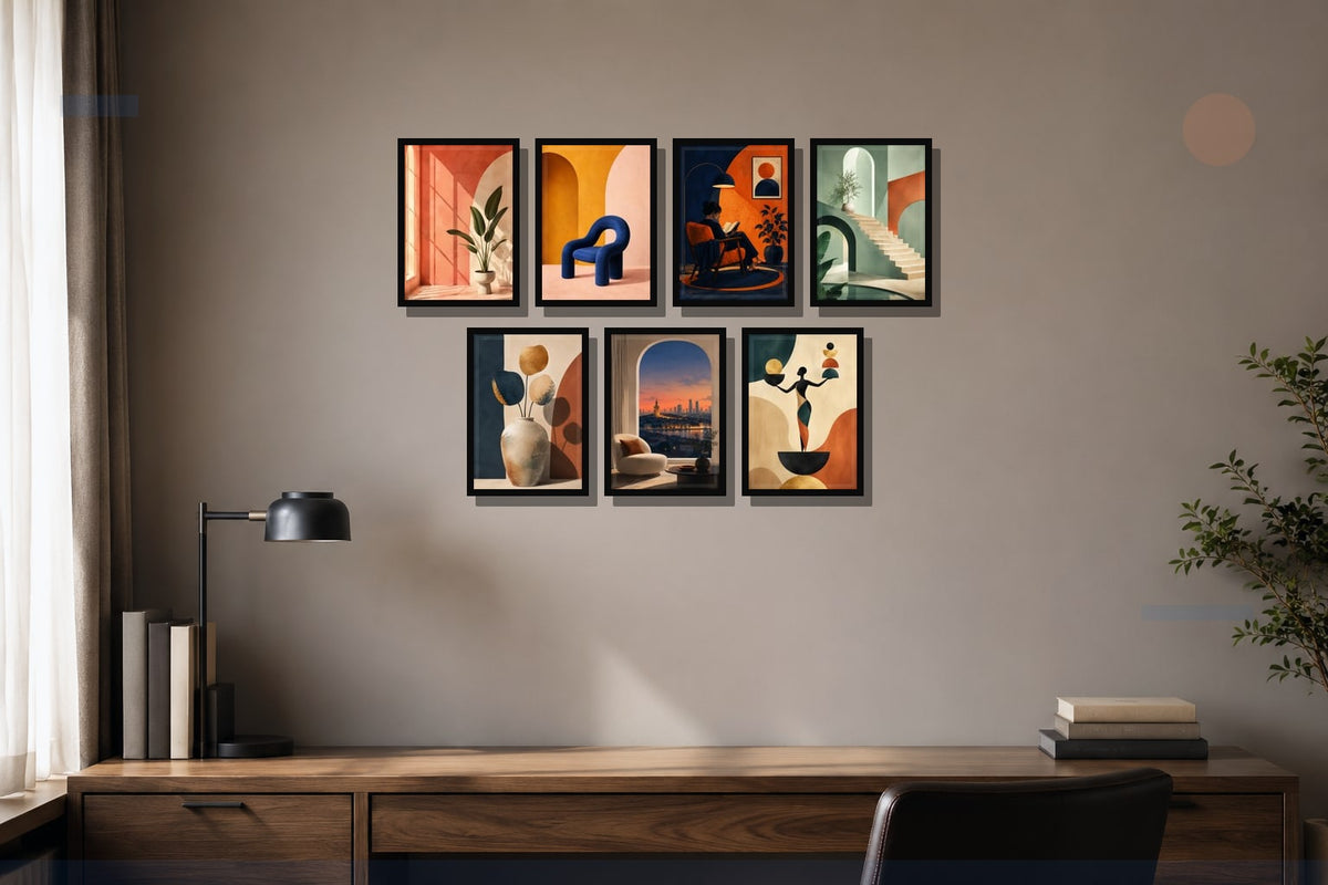 Modern 7'li Galeri Duvarı Tablo Seti çerçeveli tablo mockup 2