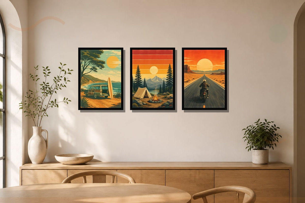 Sörf Sahili & Yaz Kampı – 3'lü Retro & Vintage Tablo Seti çerçeveli tablo mockup 4