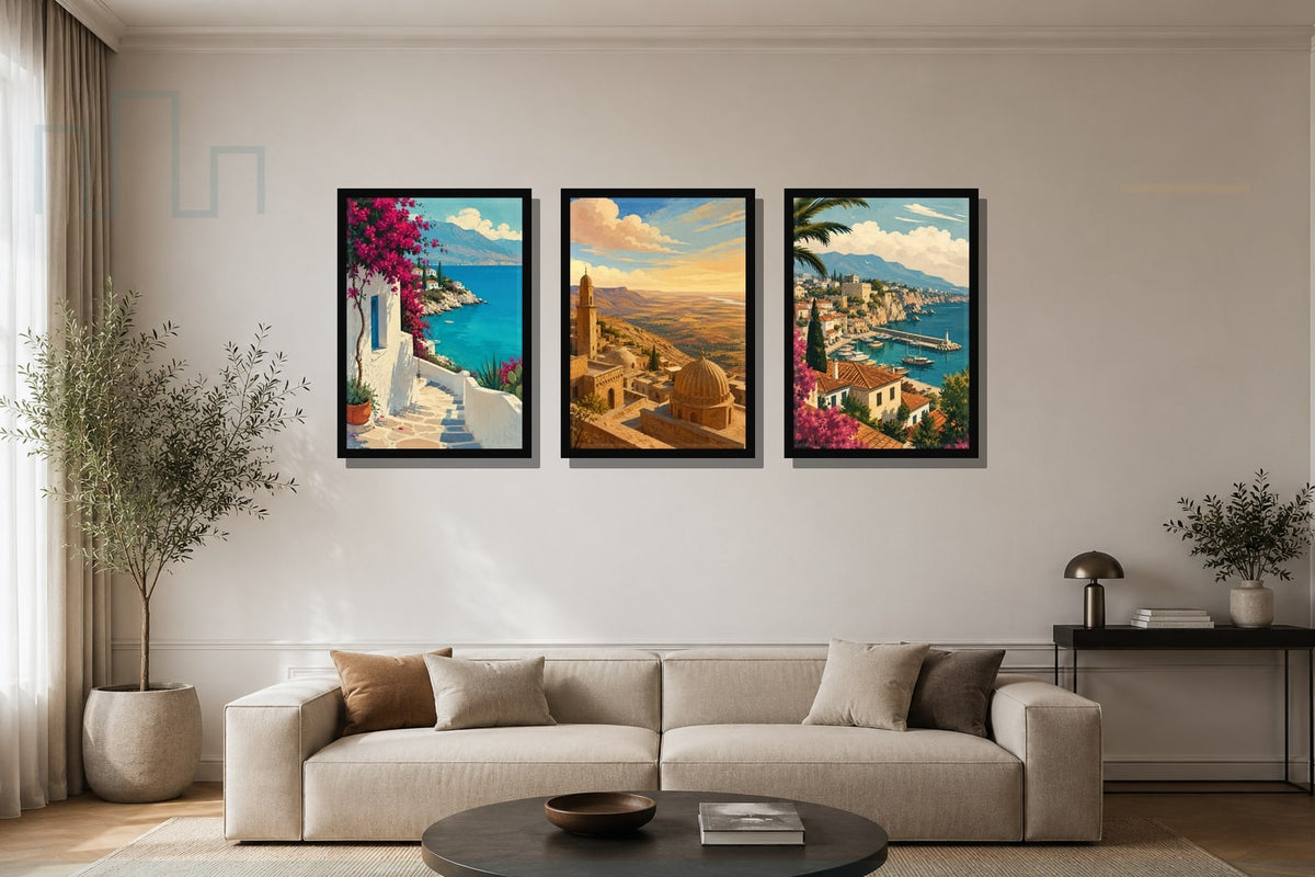 Kaş Yazı & Mardin Taşı – 3'lü Şehir & Seyahat Tablo Seti çerçeveli tablo mockup 1