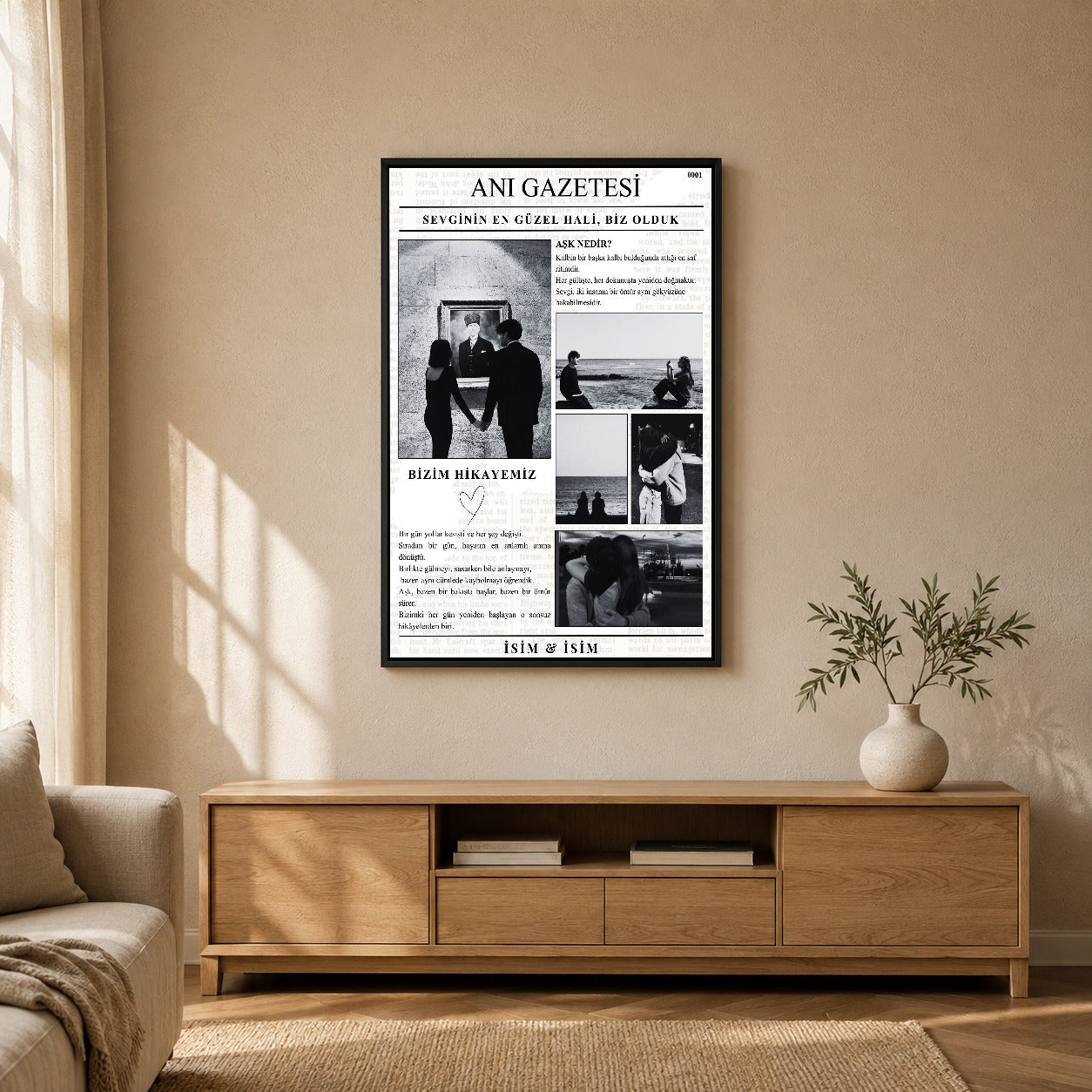 Sevgiliye özel anı gazetesi tablosu dekoratif duvar mockup görünümü 3