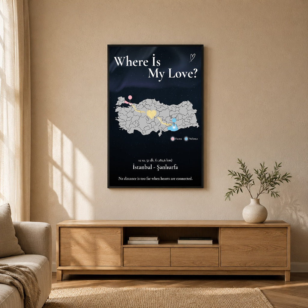 Türkiye haritalı uzak mesafe sevgili tablosu dekoratif duvar mockup görünümü 3