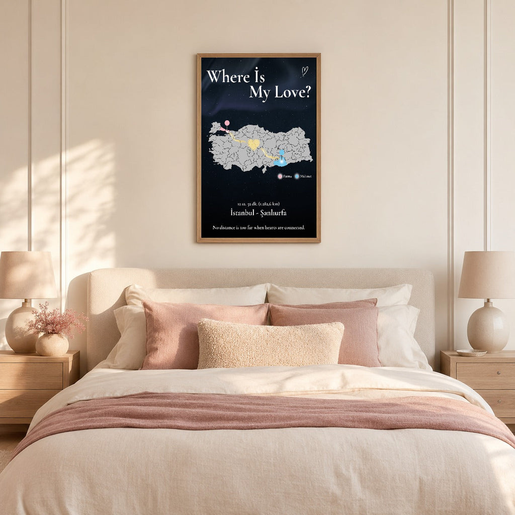 Türkiye haritalı uzak mesafe sevgili tablosu dekoratif duvar mockup görünümü 4
